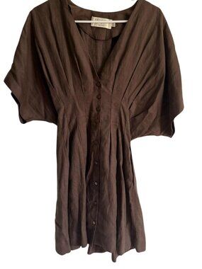Exquise Brown The Tobie Pleated Linen Mini Dress, Size Medium
